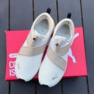 Puma Harli White and Tan Slip-On Sneakers